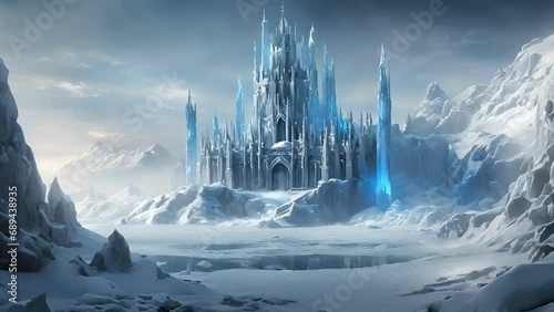 frozen fortress Throne Frost nestled heart frozen tundra, sharp spires piercing dark blue sky. very highest tower sits throne room, encased dome that glows with 2d animation photo
