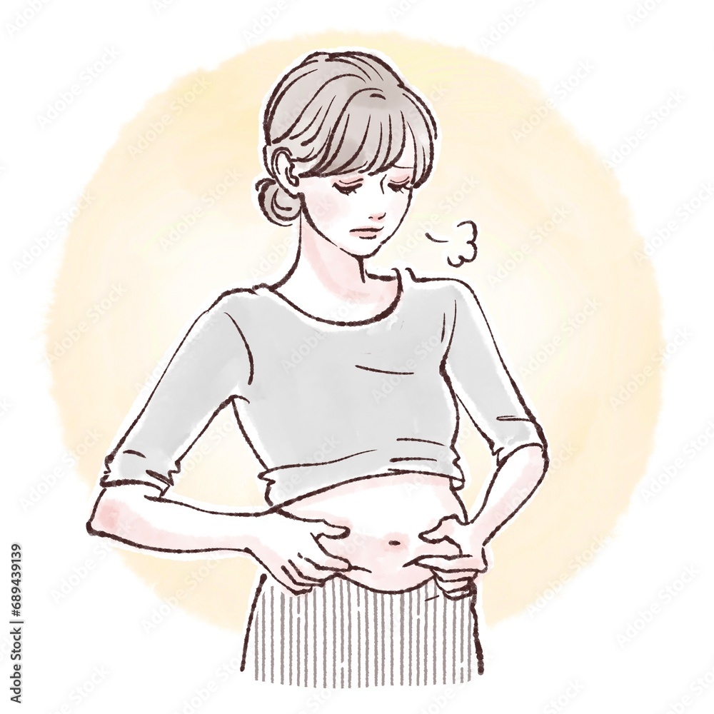 お腹の脂肪に悩む女性のイラスト素材 お腹の脂肪に悩む女性のイラスト素材