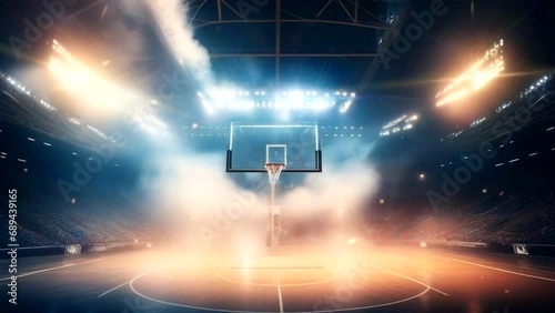 The basketball stadium was brightly lit with lights and thick smoke from the fans. Basketball sports product advertising virtual animated loop background photo