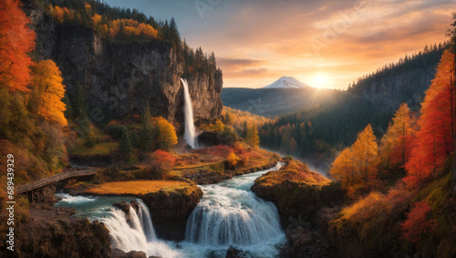 autumn waterfall landscape © adynue