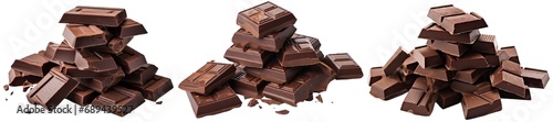 Collection of PNG. Pieces of dark chocolate isolated on a transparent background.
