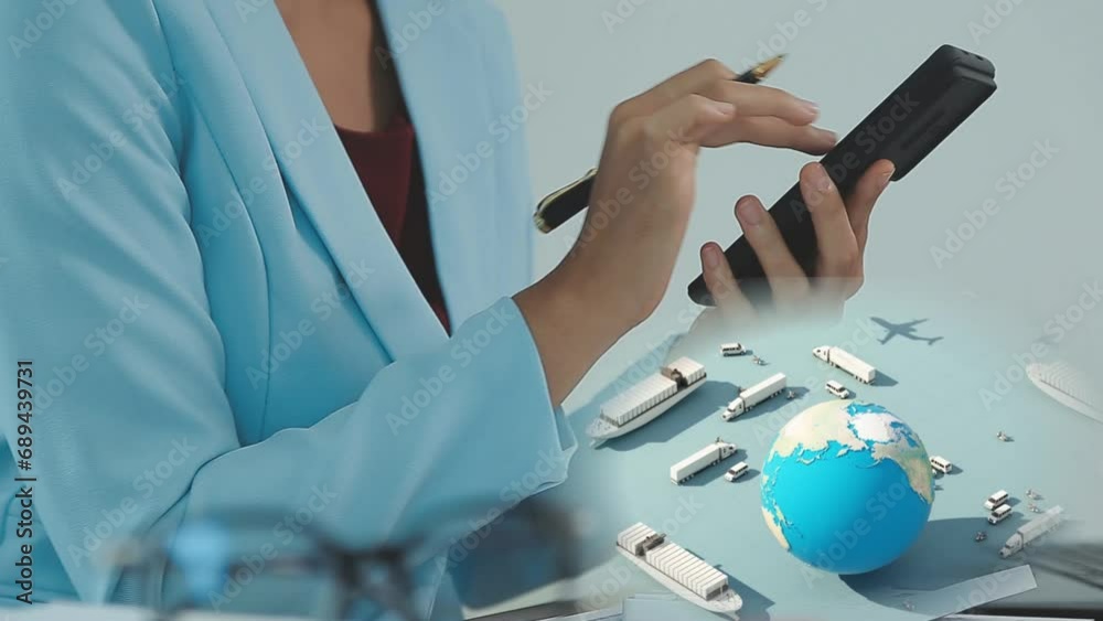 Mujer experta en comercio internacional controla en su celular los envíos, importaciones, exportaciones, gastos de flete, fechas de llegada. Barcos, containers, camiones, aviones mueven mercadería.
