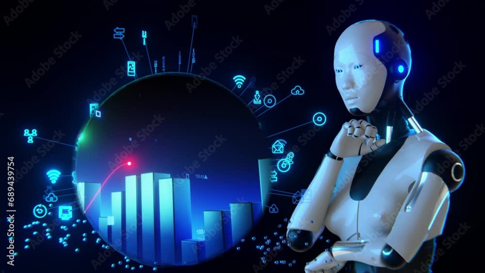Humanoide, robot toca con su dedo el mundo y analizada millones de datos alimentado por inteligencia artificial, un gráfico de barras se mueve mostrando la evolución de los distintos valores.