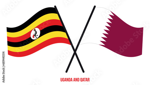 Uganda and Qatar Flags Crossed And Waving Flat Style. Official Proportion. Correct Colors.