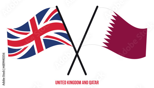 United Kingdom and Qatar Flags Crossed And Waving Flat Style. Official Proportion. Correct Colors.