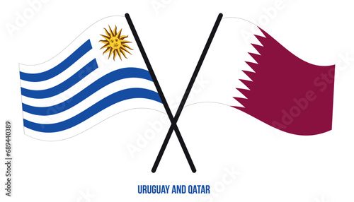 Uruguay and Qatar Flags Crossed And Waving Flat Style. Official Proportion. Correct Colors.