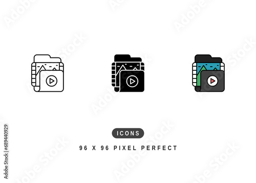 Video Album Icon. Multimedia Library Folder Pictogram Graphic Illustration. Isolated Simple Line Icon For Infographic, App and Web Button.