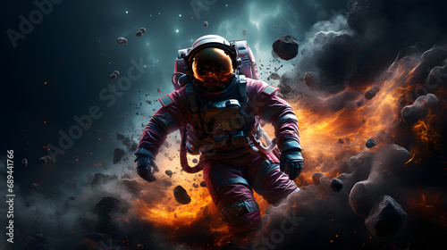 astronaut taking space walk  colorful space nebula around