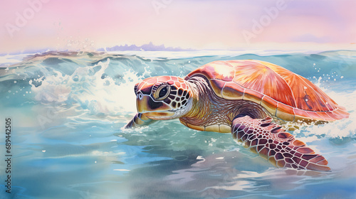 watercolour of a beauty of turtle in the sea, beaches, and coastal areas, pink and gold colors