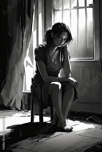 Sad women sitting on a bench in dark room