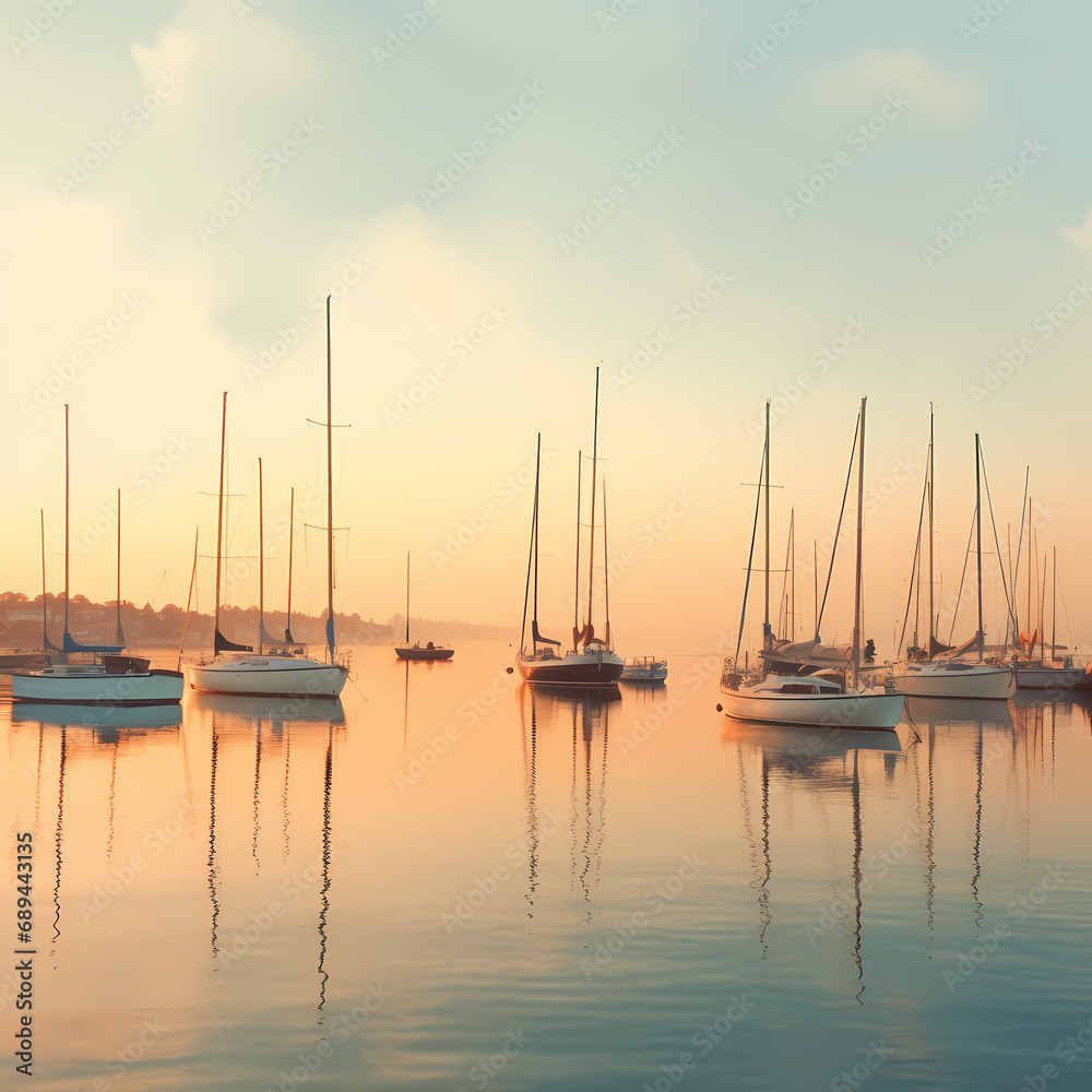 A cluster of sailboats anchored in a peaceful harbor