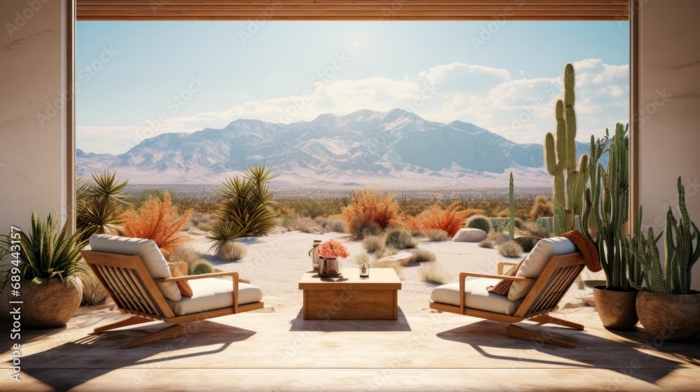 Spacious Veranda Views: Elegant Lounge Chairs, Potted Plants, and a Serene Overlook Nevada desert Mock Up - obrazy, fototapety, plakaty 