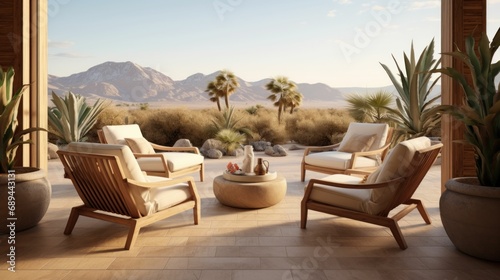 Spacious Veranda Views: Elegant Lounge Chairs, Potted Plants, and a Serene Overlook Nevada desert Mock Up © Matthew