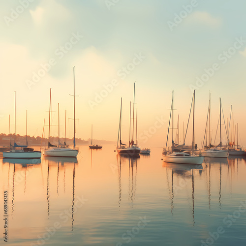 A cluster of sailboats anchored in a peaceful harbor