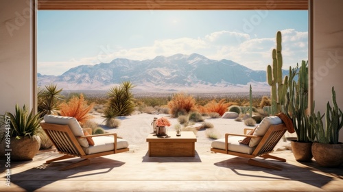 Spacious Veranda Views: Elegant Lounge Chairs, Potted Plants, and a Serene Overlook Nevada desert Mock Up