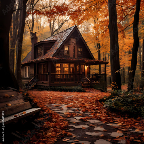 A cozy cabin surrounded by autumn foliage