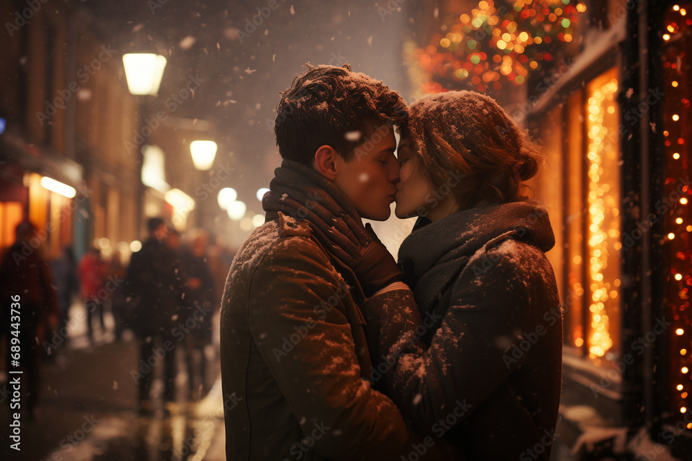 Couple in Love on a Snowy Street Date, Creating Beautiful Memories in the Magic of Falling Snowflakes
