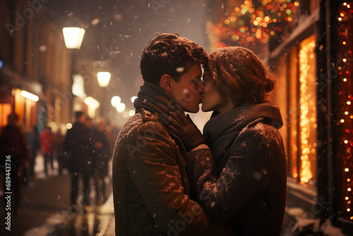 Couple in Love on a Snowy Street Date  Creating Beautiful Memories in the Magic of Falling Snowflakes