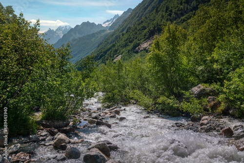 The sources of the Alibek River flowing down from the mountain slopes of the North Caucasus on the territory of the Teberdinsky Reserve on a sunny summer day, Dombai, Karachay-Cherkessia, Russia