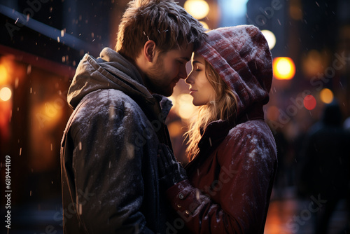Couple in Love on a Snowy Street Date, Sharing Warm Kisses and Joyful Moments Amidst Winter's Embrace