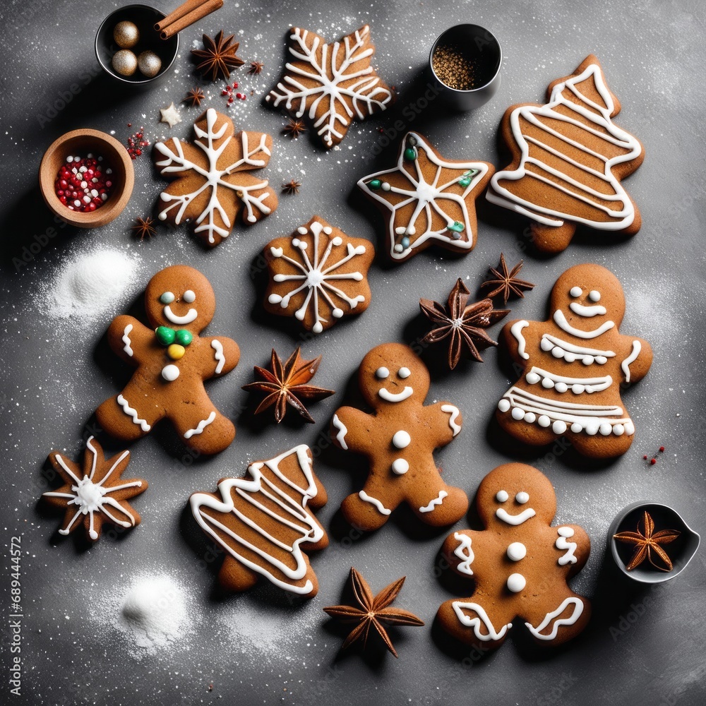 Homemade Gingerbread cookies with spices on a gray background. Homemade Gingerbread cookies with spices on a gray background.