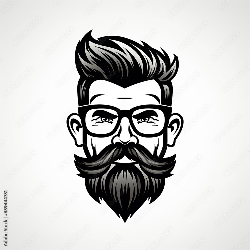logo with the head and face of a man with a beard and mustache in glasses on white background. An emblem for a barbershop men's salon or a brand store logo with the head and face of a man with a beard and mustache in glasses on white background. An emblem for a barbershop men's salon or a brand store