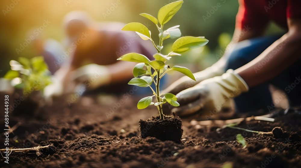 People planting trees or working in community garden promoting local