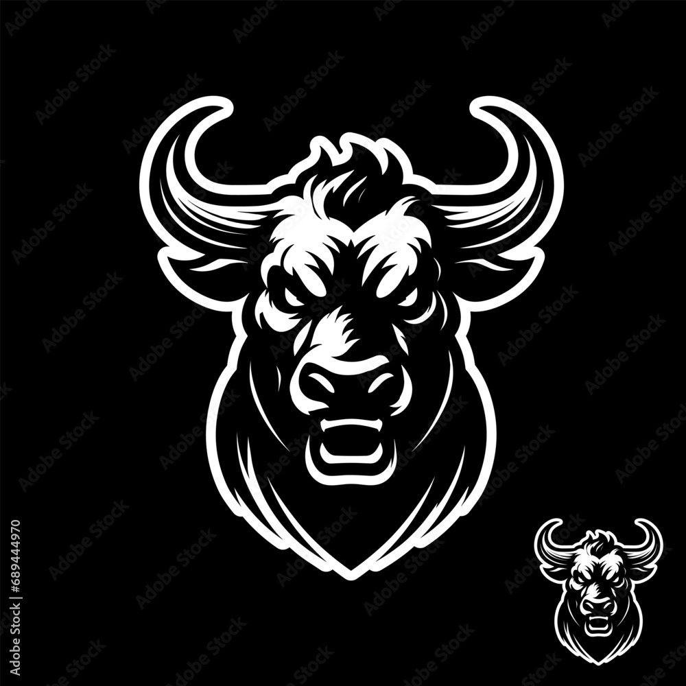 Black/white head bull mascot isolated graphic design vector. Illustration vector logo. Black/white head bull mascot isolated graphic design vector. Illustration vector logo.