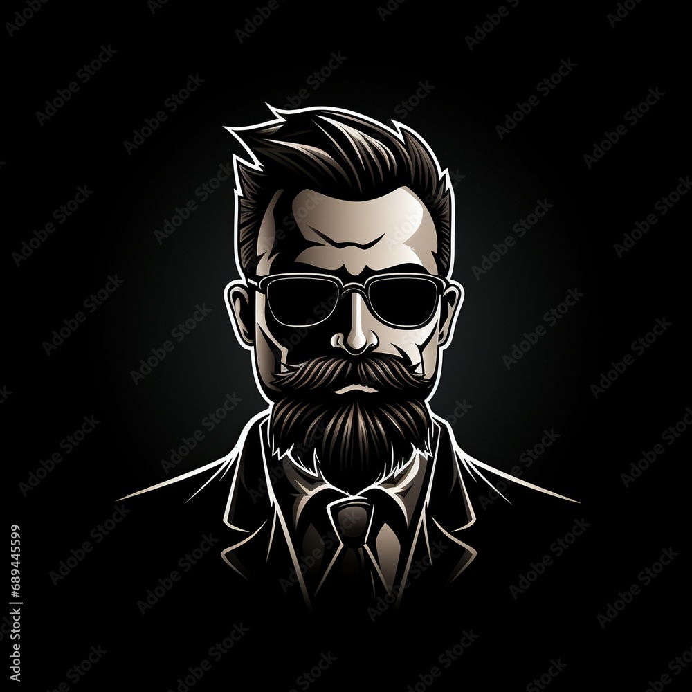 logo with head face of man with a beard and mustache in sunglasses on a ...