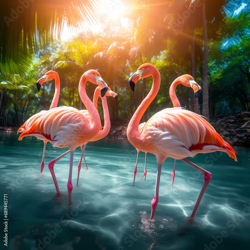 A group of flamingos gracefully wading in a tropical lagoon