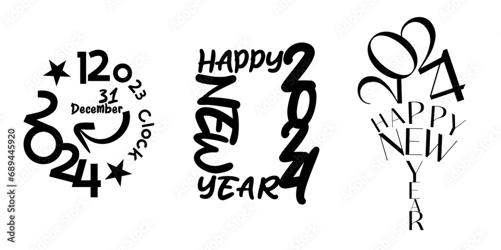 A set of vector designs with the text happy New Year 2024