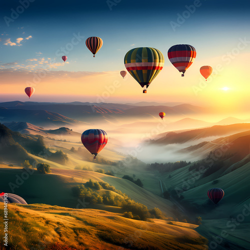 A group of hot air balloons drifting over rolling hills