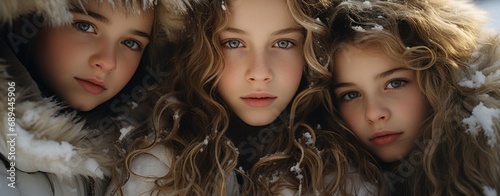 Three young sisters laying on snow outdoor at winter day photo