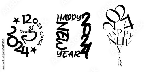 A set of vector designs with the text happy New Year 2024