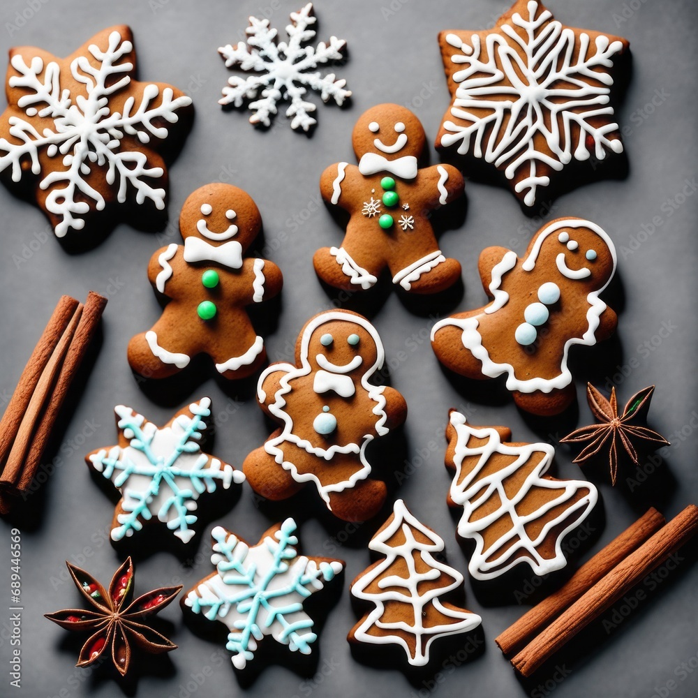 Homemade Gingerbread cookies with spices on a gray background.