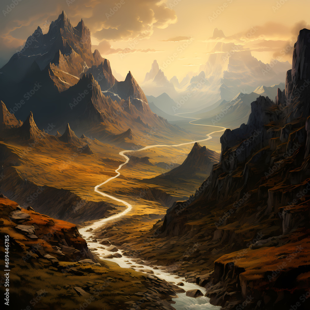 A mountainous landscape with a winding road leading to a distant peak.