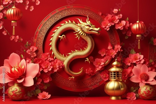 3d rendering illustration for happy chinese new year 2024 the dragon zodiac sign with flower, lantern, asian elements, red and gold on background 