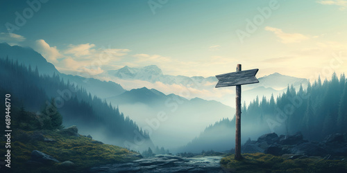 Fotótapéta road signpost, guiding travelers against the backdrop of a misty, mountainous la