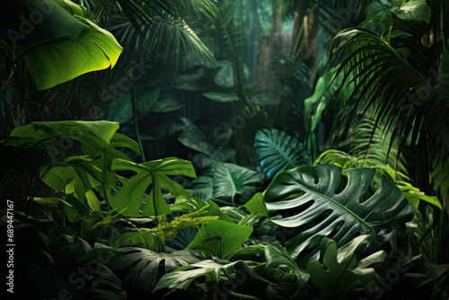 The foliage sparkles in the sunlight in the cool green tropical rain forest © Duka Mer