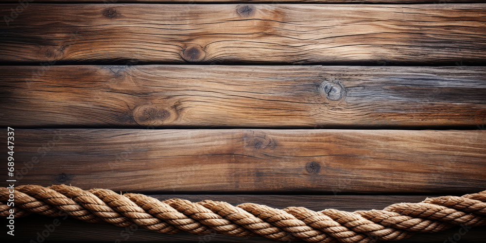 Vibrant rope coiled against the rustic texture of an old wooden deck Vibrant rope coiled against the rustic texture of an old wooden deck
