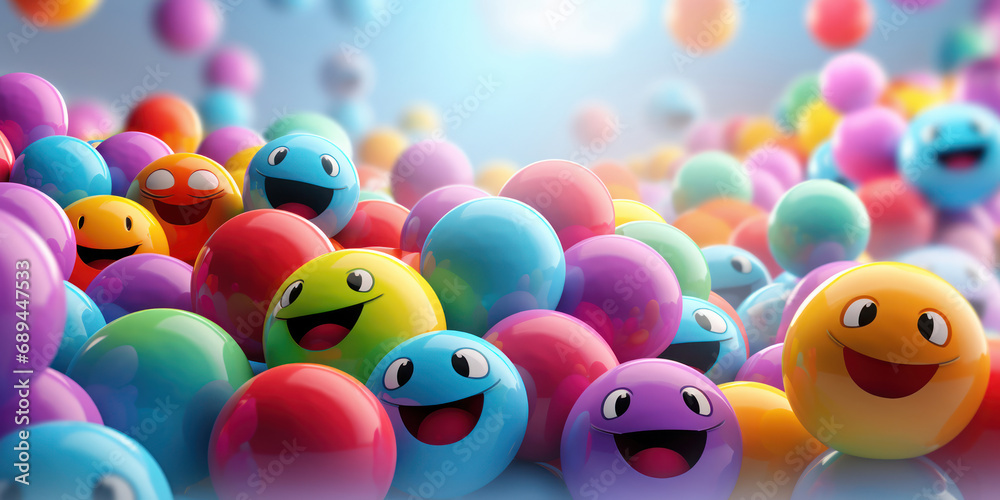 Joyful emoji balls cluster in a rainbow array, each with a unique cheerful expression Joyful emoji balls cluster in a rainbow array, each with a unique cheerful expression