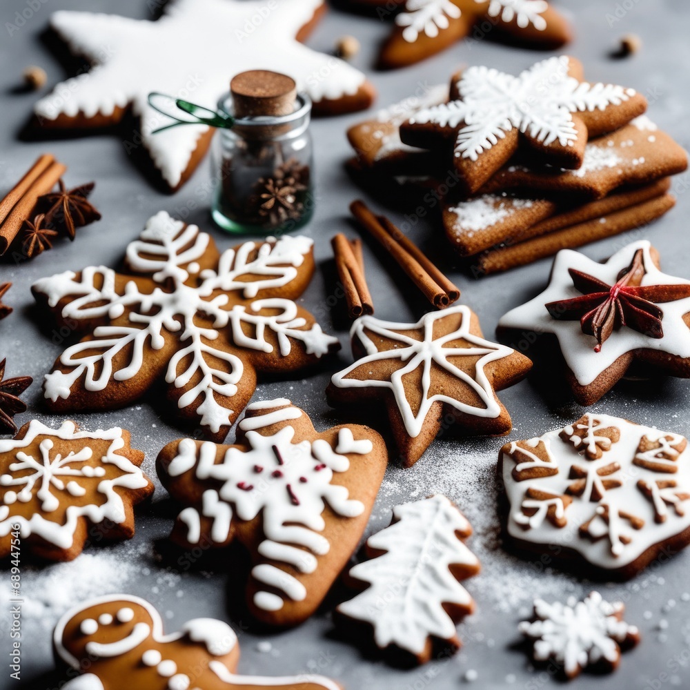 Homemade Gingerbread cookies with spices on a gray background. Homemade Gingerbread cookies with spices on a gray background.
