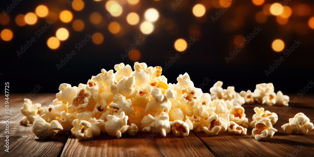 Casual movie night starts with spilled popcorn on a timber bench - obrazy, fototapety, plakaty 
