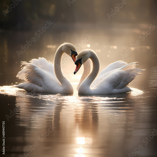A pair of swans gracefully gliding on a glassy lake