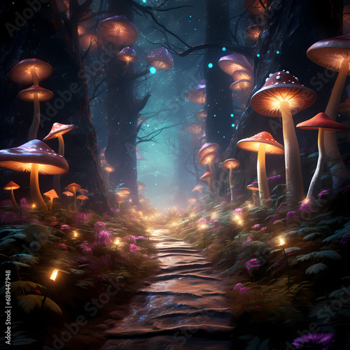 A pathway through an enchanted forest with glowing mushrooms