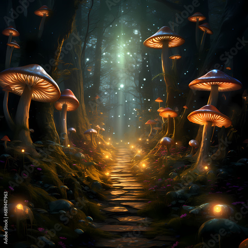 A pathway through an enchanted forest with glowing mushrooms © Cao