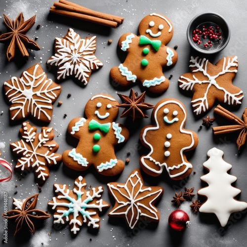 Homemade Gingerbread cookies with spices on a gray background.