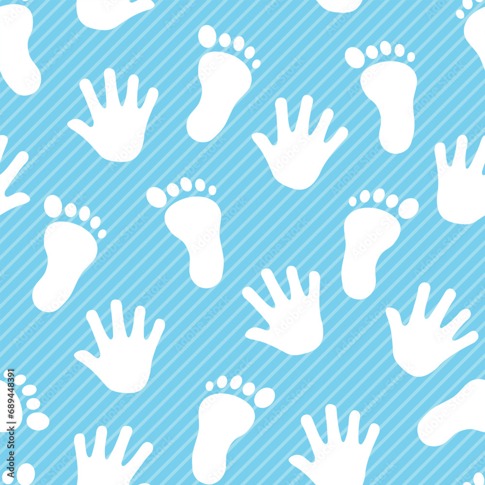 Fototapeta premium Seamless pattern of baby boy's feet and hands, this seamless pattern is suitable for giftwrap designs, backgrounds, textiles, fabrics and others