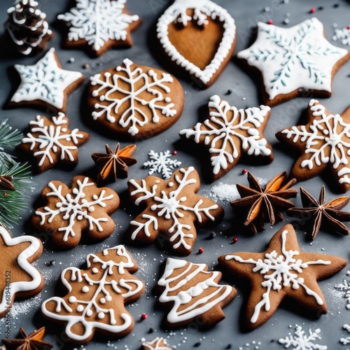 Homemade Gingerbread cookies with spices on a gray background.