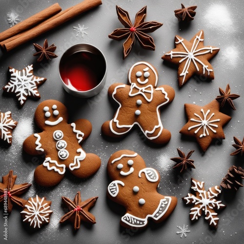 Homemade Gingerbread cookies with spices on a gray background.